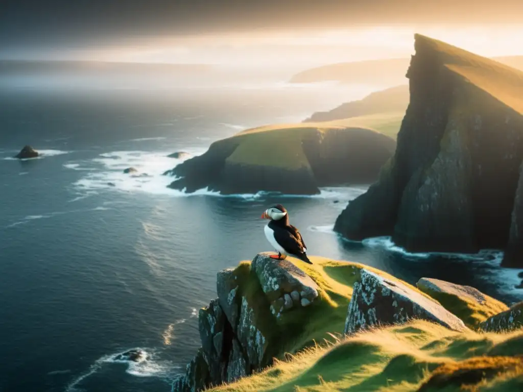 Acantilados místicos: Puffin en la costa de Shetland Acantilados escarpados, mar brumoso, puffin solitario y la suave luz del atardecer en las místicas Islas Shetland