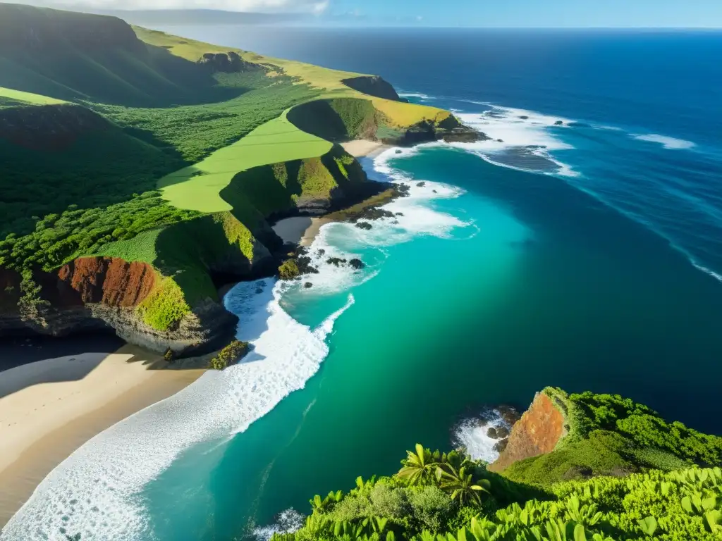 Costa agreste de la Isla Santa Helena: belleza natural sin límites Acantilados de la isla Santa Helena, con olas rompiendo y un cielo azul vibrante, revelando los secretos naturales de la isla