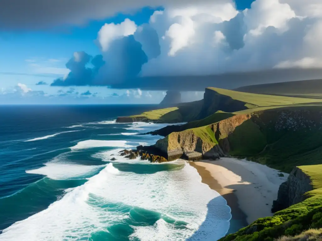 Costa majestuosa de Santa Helena: exilio de Napoleón Acantilados majestuosos y olas del Atlántico en la remota Isla Santa Helena, evocando el exilio de Napoleón