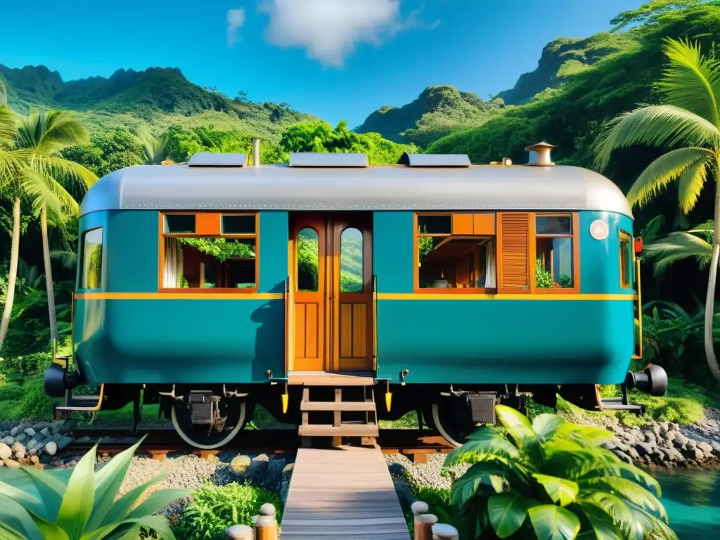 Hospedaje nostálgico en islas remotas: encanto vintage entre la naturaleza Un acogedor hospedaje nostálgico en islas remotas: antigua carroza de tren rodeada de exuberante naturaleza y atardeceres espectaculares