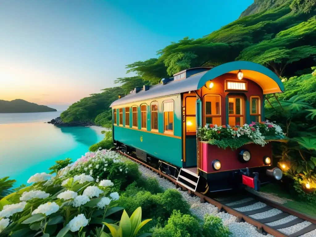 Refugio nostálgico en isla remota Un acogedor hospedaje nostálgico en islas remotas: un vagón de tren vintage convertido en alojamiento, rodeado de aguas turquesas, flores y luces