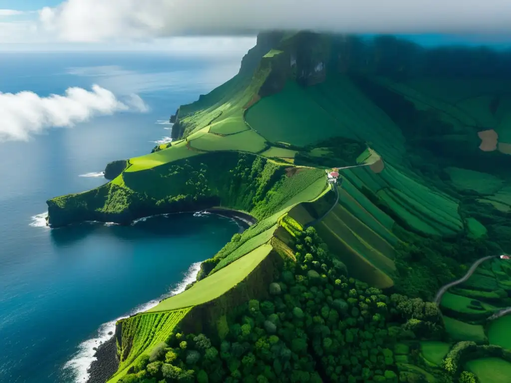 Espectacular vista aérea de los acantilados costeros en Azores Fotografía aérea con drones en Azores: Vista aérea de paisaje verde exuberante, acantilados costeros y océano azul