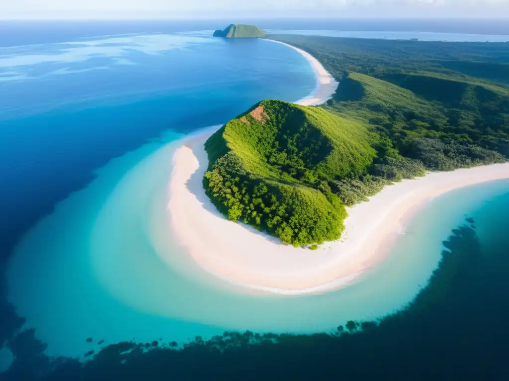 Isla paradisíaca bañada por la luz del amanecer Fotografía aérea de una isla tranquila bañada por la cálida luz del amanecer