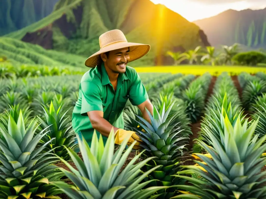 Cuidando la cosecha: Agricultura orgánica en Hawaii Un agricultor hawaiano cuida con esmero las plantas de piña orgánicas en un paisaje idílico