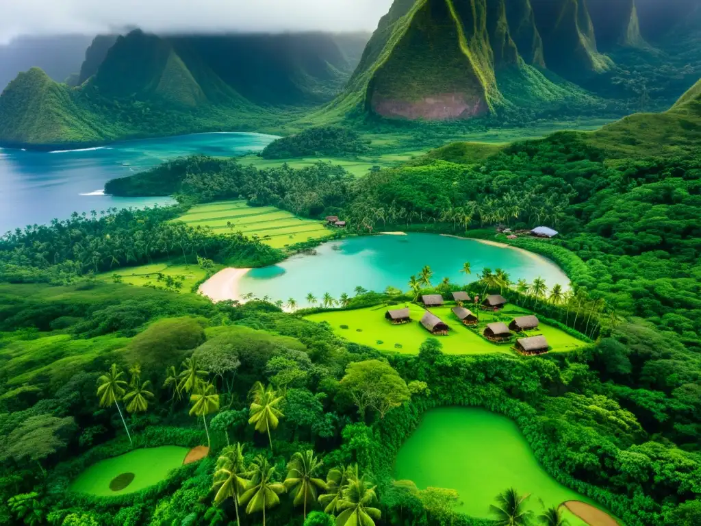 Una aldea polinesia rodeada de montañas verdes, con actividades culturales y científicas en armonía