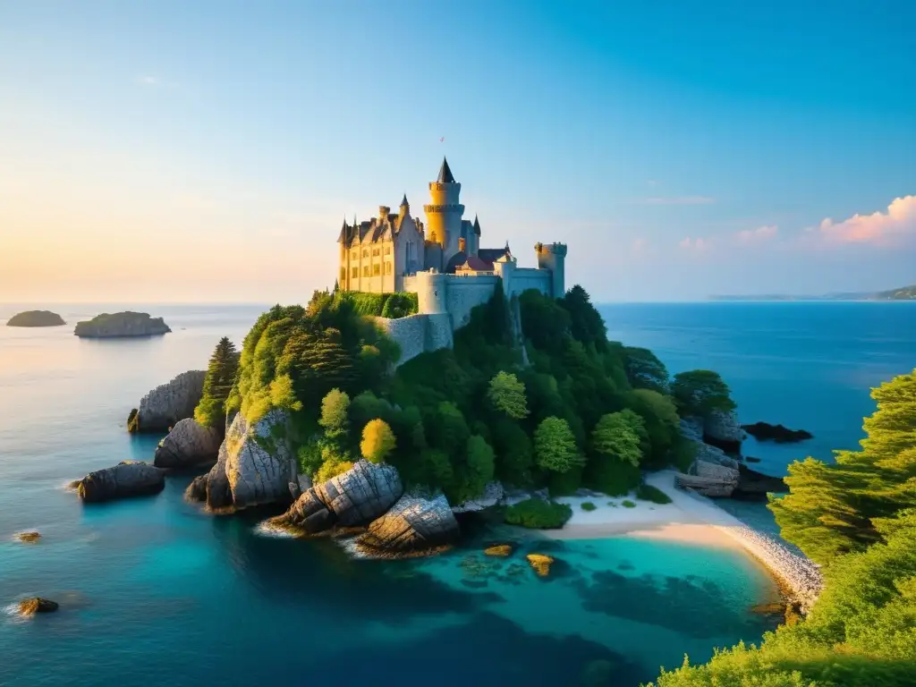 Castillo majestuoso: atardecer dorado sobre aguas cristalinas Alojamientos en islas con historias: Imponente castillo en isla rocosa, rodeado de aguas cristalinas y atardecer vibrante