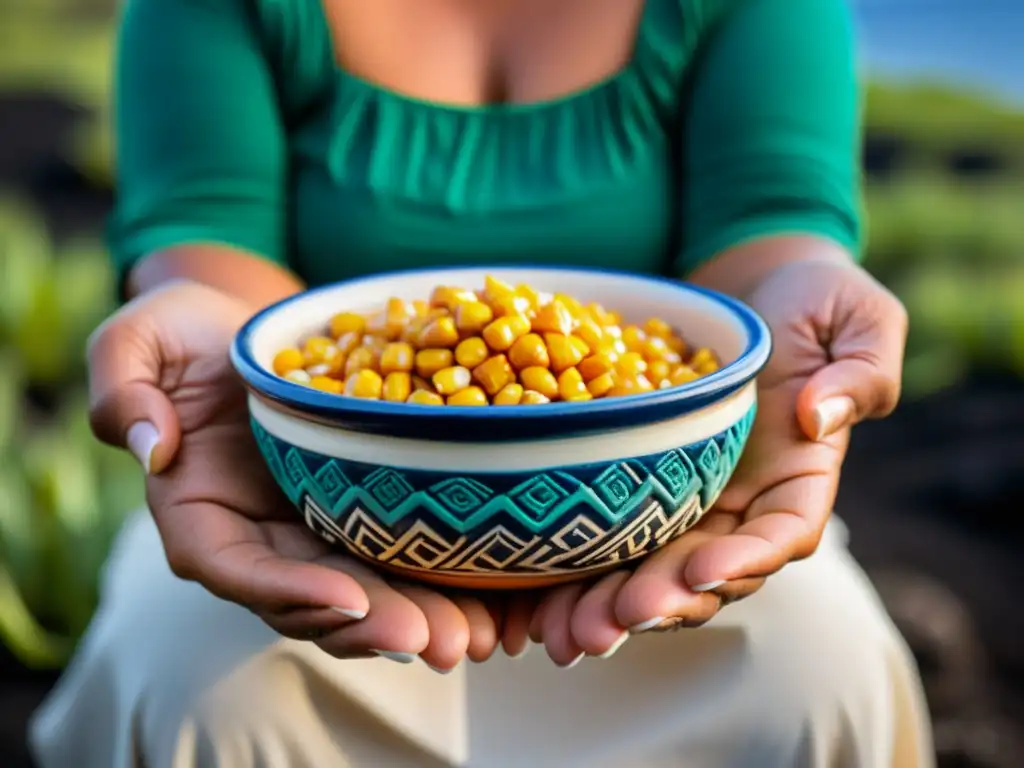 Chicha de maíz en las Galápagos: Tradición y belleza Una anciana sostiene una colorida jarra de chicha de maíz en las impresionantes Islas Galápagos