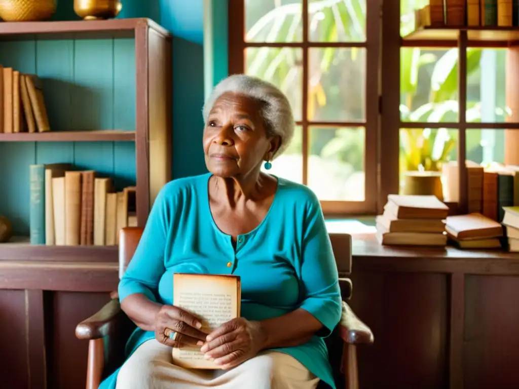 Sabiduría caribeña: preservación de lenguas criollas Una anciana sostiene un libro en una habitación llena de libros y papeles, mirando hacia la luz suave