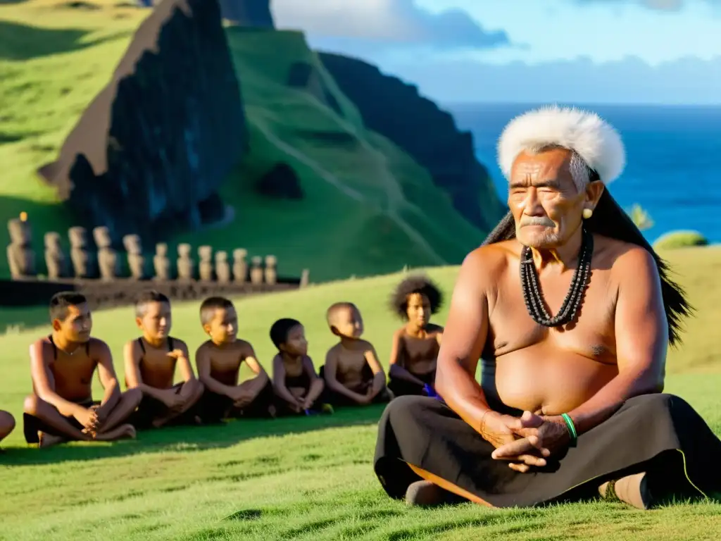 Guardián de la tradición: Enseñanza ancestral en Rapa Nui Un anciano Rapa Nui enseña tradiciones ancestrales Isla Pascua a niños, rodeado de Moai al atardecer