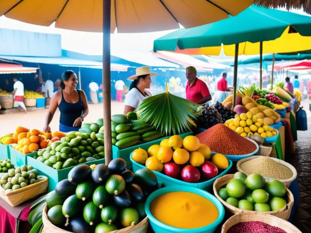 Mercado vibrante de Santo Tomé y Príncipe: colores, aromas y tradiciones Un animado mercado en Santo Tomé y Príncipe con platos típicos, frutas tropicales, especias y mariscos frescos, bajo la cálida luz del sol