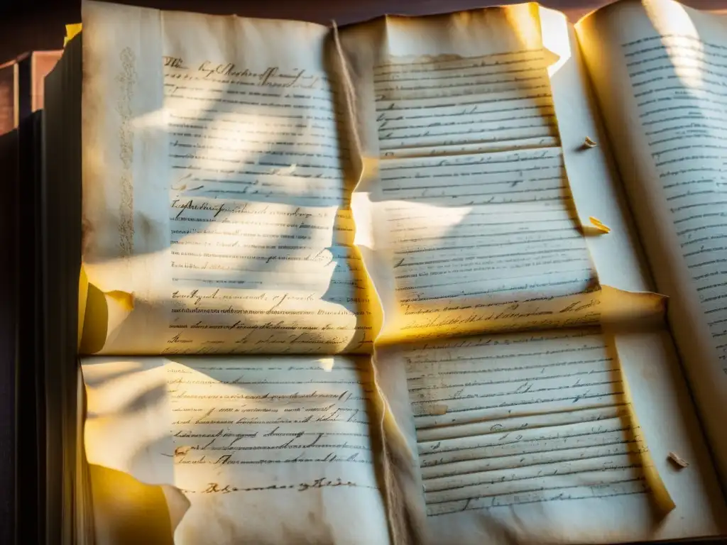 Manuscrito antiguo: detalles envejecidos y misterio Un antiguo manuscrito envejecido y desgastado yace abierto sobre una mesa, con caracteres intrincados en una elegante caligrafía