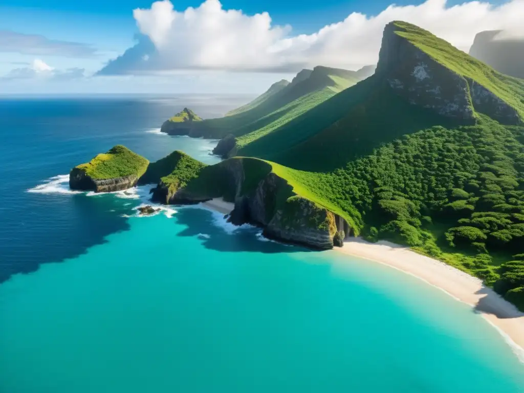 Costa salvaje: acantilados, mar turquesa y soledad Aplicaciones para exploración de islas remotas: impresionante costa con acantilados, mar turquesa y vegetación exuberante