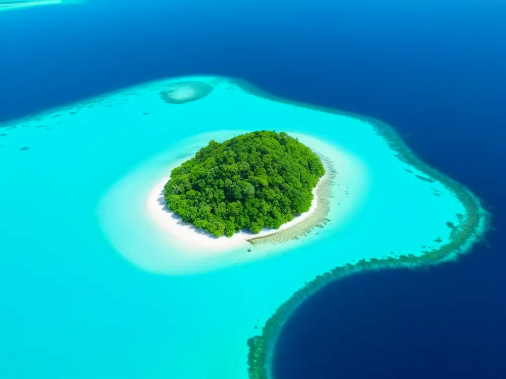 Isla remota: aguas turquesa y exuberante naturaleza Aplicaciones para exploración de islas remotas: Vista aérea de una isla remota con aguas turquesas y arrecifes de coral vibrantes