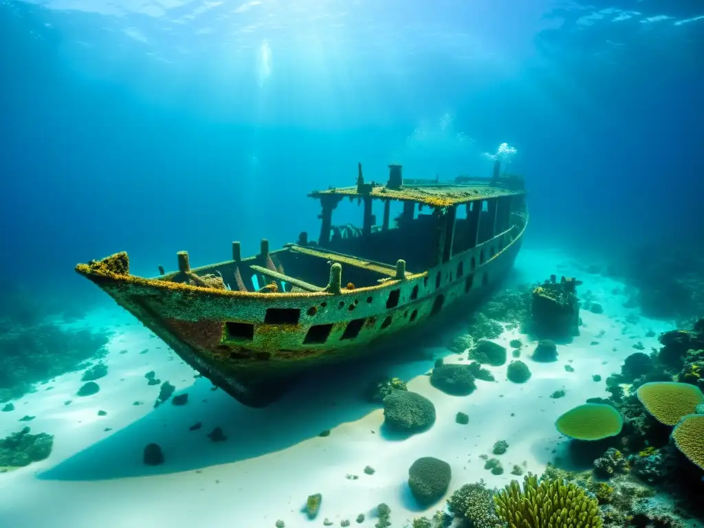 Naufragio antiguo en Micronesia: belleza submarina Arqueología subacuática Micronesia Pacífico: la fascinante belleza del naufragio, con vida marina y estructuras antiguas entre aguas cristalinas