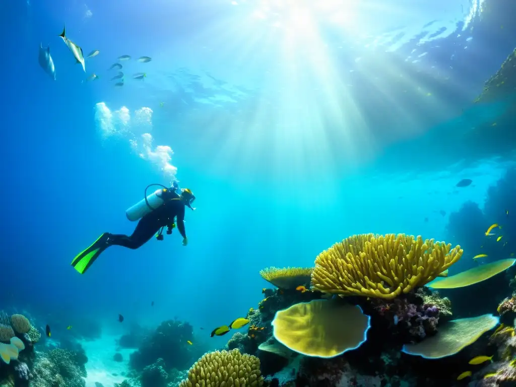 Exploración marina: Snorkelers y buceadores en arrecife de coral Exploración marina en un arrecife de coral, con snorkel y buceo, rodeados de vida marina colorida