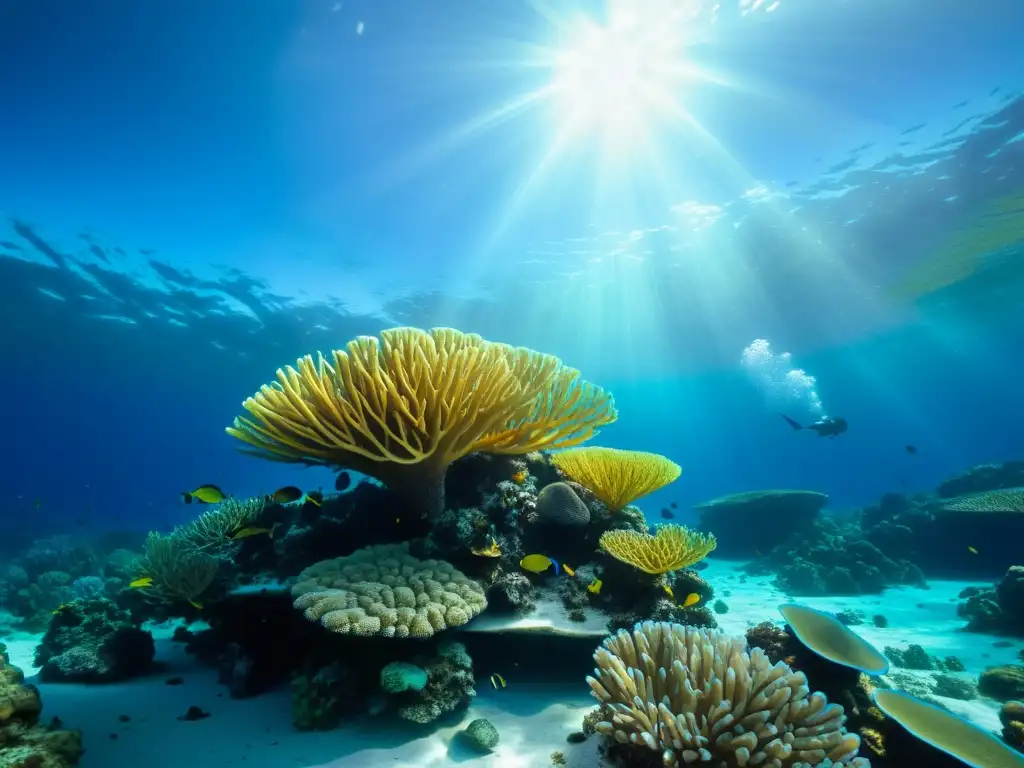 Maravillosos arrecifes de coral en Melanesia Explorando arrecifes de coral en Melanesia: un vibrante ecosistema marino con peces coloridos y formaciones de coral, bañado por la luz del sol
