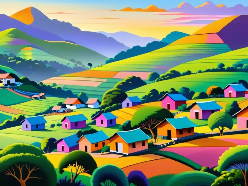 Pintura vibrante de un pueblo malgache tradicional Arte vibrante y paleta cromática Madagascar: Pintura de un pueblo Malgache tradicional, con casas coloridas entre colinas verdes y un cielo atardeciendo en tonos cálidos