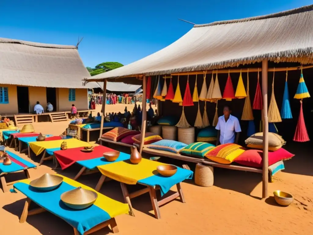 Mercado vibrante de Madagascar: tejidos, esculturas y pinturas Arte vibrante y paleta cromática en un bullicioso mercado de Madagascar, con textiles tejidos, esculturas de madera tallada y pinturas coloridas