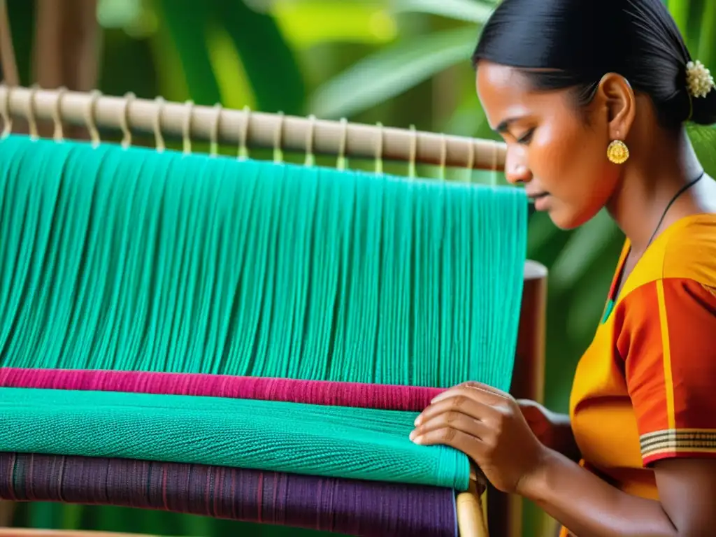 Arte textil tradicional: tejidos y colores vibrantes Artesanías inspiradas en la cultura de islas lejanas: tejido tradicional detallado en entorno tropical exuberante