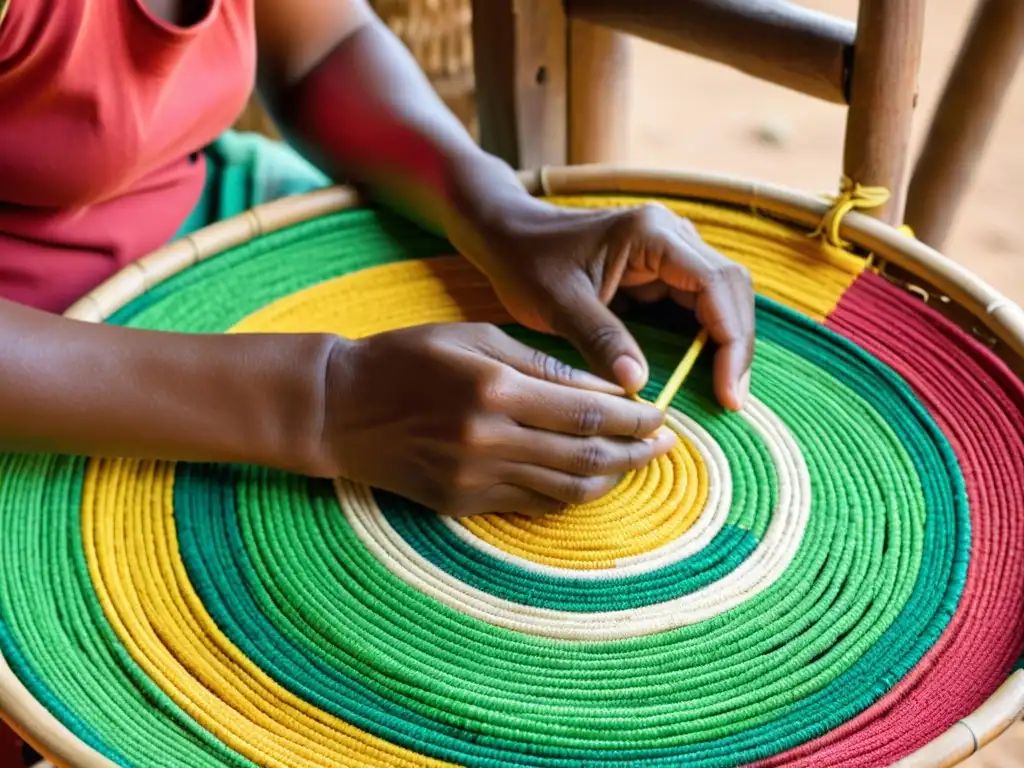 Artesano malgache teje cesta tradicional con destreza Un artesano en Madagascar teje con destreza fibras de rafia en un vibrante y colorido cesto