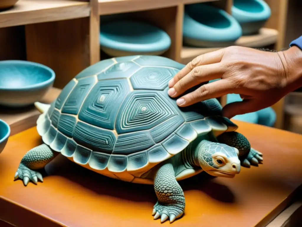 Artesano experto moldea réplica de tortuga Galápagos en arcilla Un artesano moldea con destreza una tortuga Galápagos en arcilla, rodeado de piezas inspiradas en la cultura de islas lejanas
