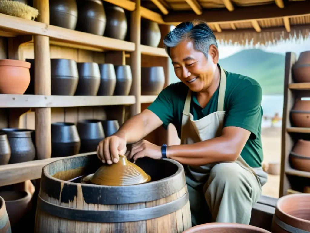 Artesano local fermentando bebida tradicional en isla remota Un artesano local en una isla remota fermenta bebidas tradicionales en barriles de madera