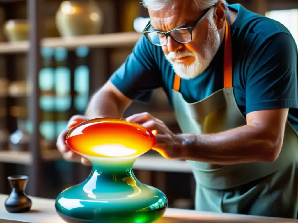 Maestro vidriero de Murano moldea con maestría Un artesano en Murano, Venecia, moldea con maestría vidrio fundido, reflejando la tradición y el arte del vidrio en Murano Venecia