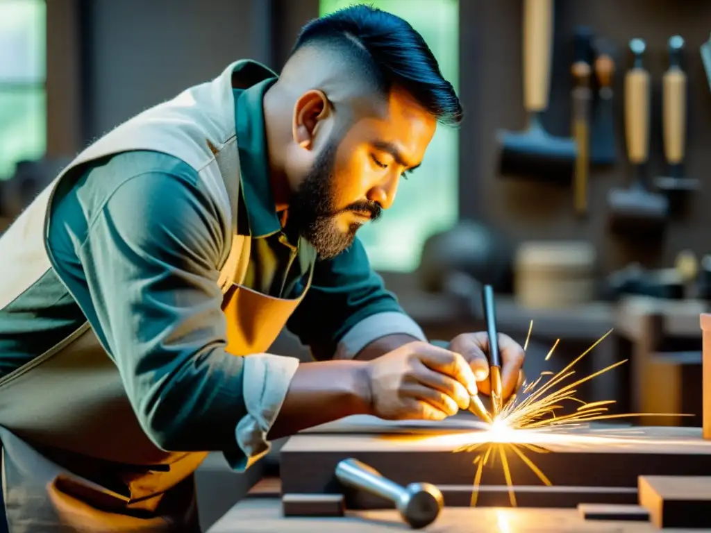 Artesanos expertos creando equipo duradero con maestría Artesanos expertos crean equipamiento duradero con tradición y precisión en un taller iluminado, rodeados de herramientas y materiales