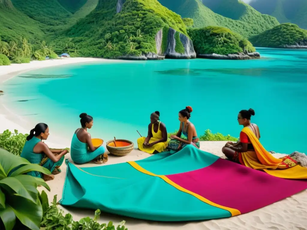 Artesanos locales creando coloridas obras en isla remota Artesanos locales en isla remota creando tapestries y esculturas, rodeados de naturaleza exuberante y aguas turquesas