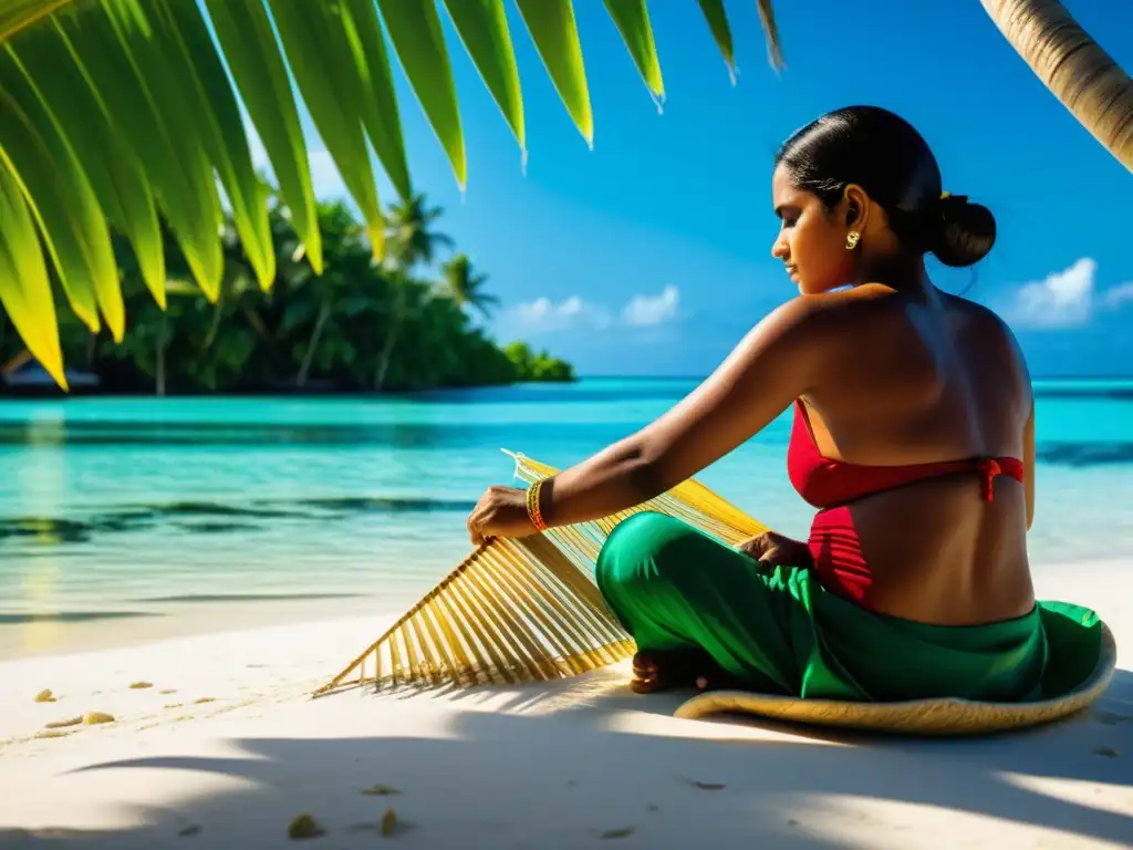 Artesanía Maldiva: Tejiendo Tradiciones en Paraíso Tropical Artesanos maldivos tejiendo cestas a mano en la orilla de una laguna cristalina