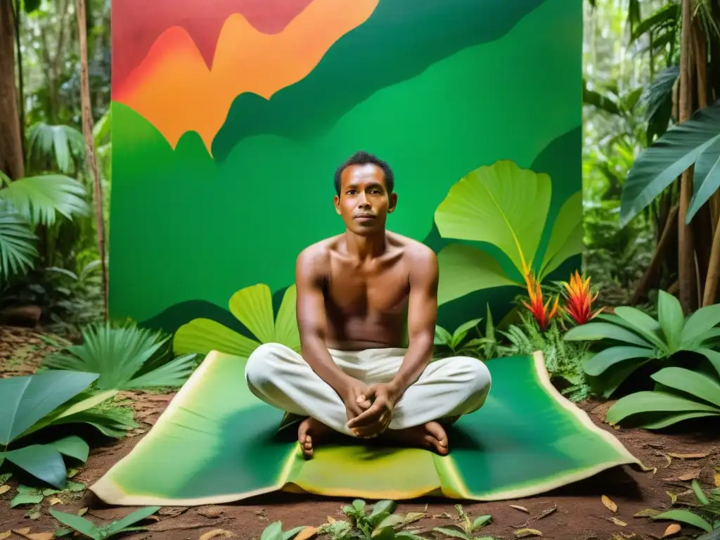 Artista Malgache pintando en la selva: conexión natural Un artista malgache pinta en la selva, con una paleta cromática vibrante que refleja el arte de Madagascar