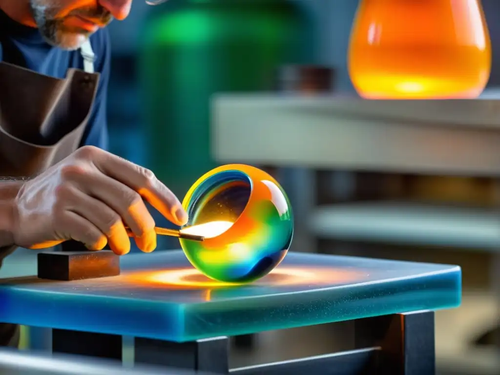 Arte en vidrio de Murano: artesanía experta en acción Un artista del vidrio en Murano, Venecia, da forma a una escultura delicada con destreza, en un entorno vibrante y lleno de color