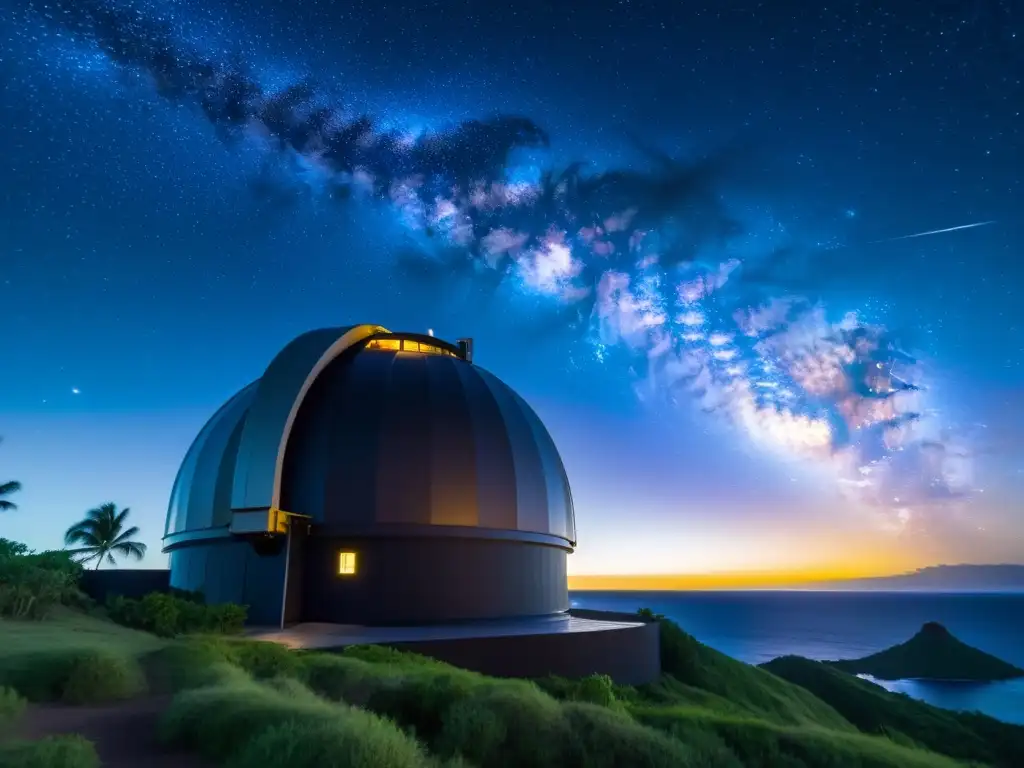 Observatorio estelar en Polinesia: noche estrellada sobre paisajes vírgenes Observación astronómica en las serenas islas polinesias, con un cielo estrellado y un telescopio prominente
