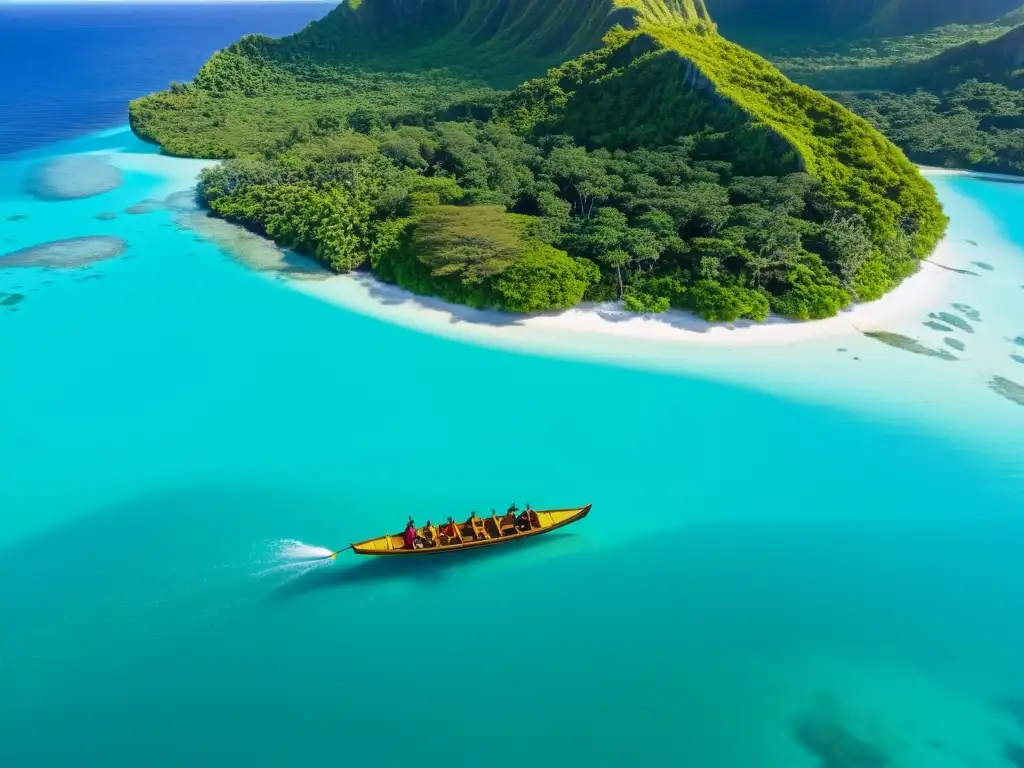 Canoa polinesia tradicional navegando al atardecer Un atardecer cálido ilumina una canoa polinesia navegando en aguas turquesas, rodeada de exuberantes islas