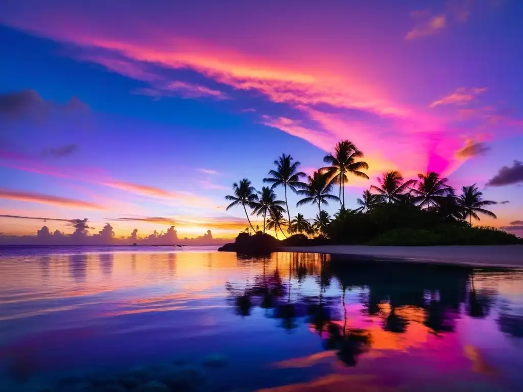Atardecer de ensueño en las Islas Polinesias Un atardecer impresionante sobre las aguas cristalinas de las islas de Polinesia, con tonos vibrantes de naranja, rosa y morado reflejándose en la superficie del océano tranquilo