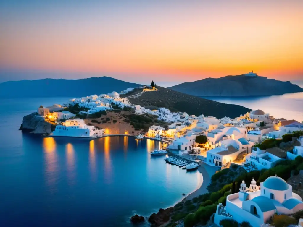 Atardecer mágico sobre el mar Egeo: belleza serena Un atardecer impresionante sobre el tranquilo mar Egeo, iluminando un pintoresco pueblo griego con un cálido resplandor dorado