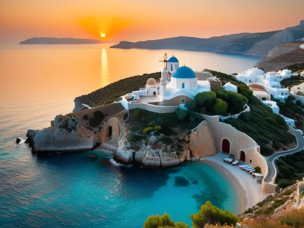 Puesta de sol en isla griega: iglesia blanca sobre acantilado Un atardecer sereno en una isla griega, con una iglesia blanca en un acantilado, refleja la vida espiritual en Islas Griegas