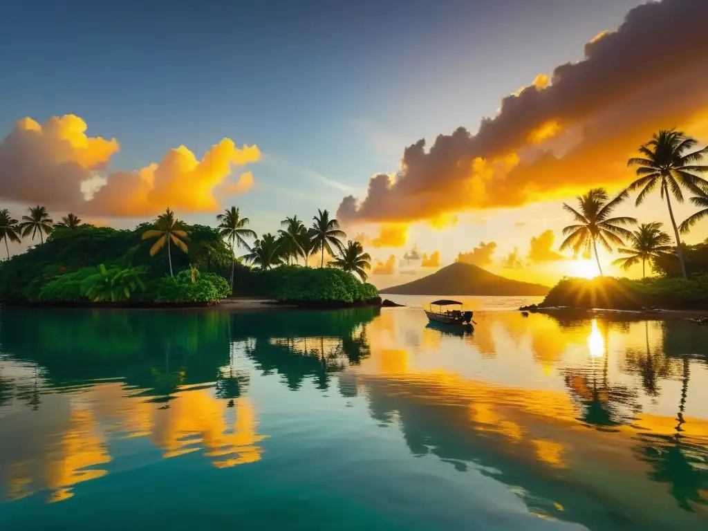 Puesta de sol vibrante en isla tropical Un atardecer vibrante sobre una isla tropical, con palmeras en silueta