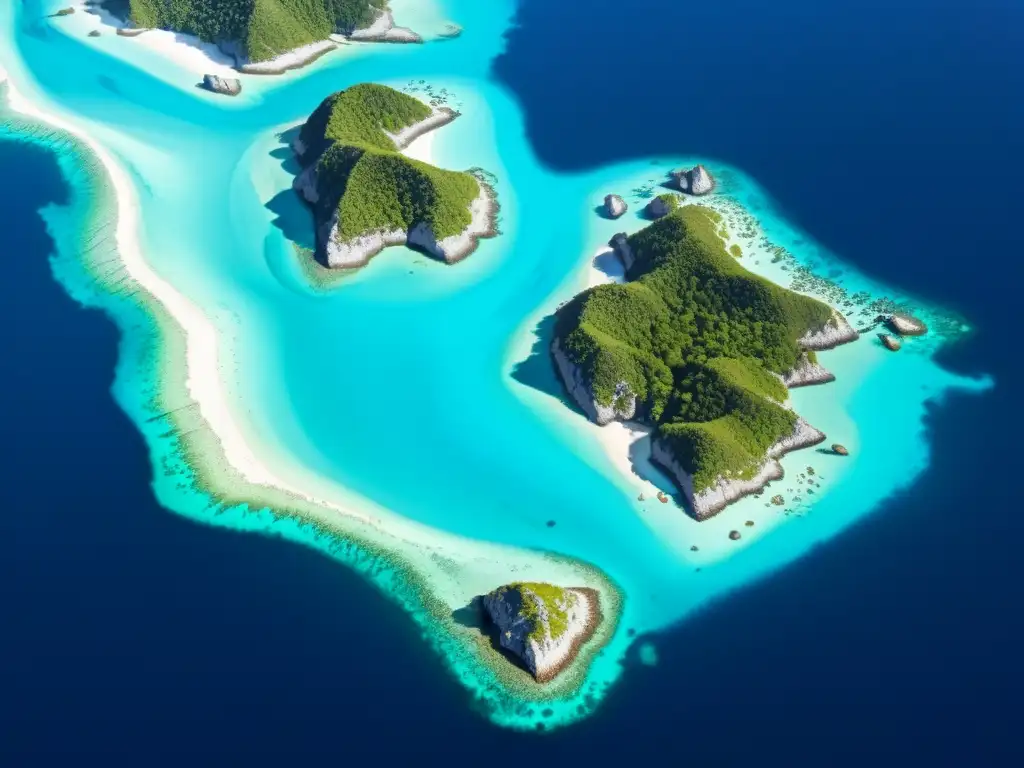 Archipiélago remoto: red de islas y aguas azules Avances en cartografía digital para islas remotas: Red de islas remota con aguas azules, bosques verdes, acantilados rocosos y barcos navegando
