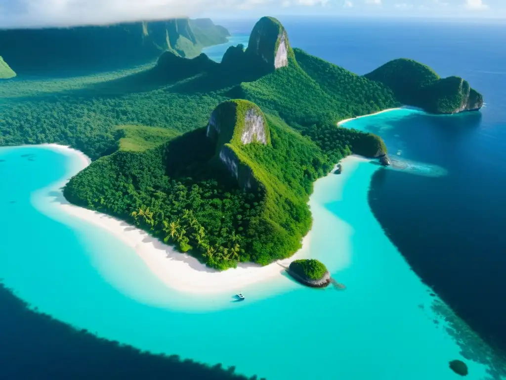 Isla remota: belleza natural y aventura Aventura y misterio en islas remotas: Vista aérea de una isla exuberante rodeada de aguas turquesas cristalinas y exploradores en la selva