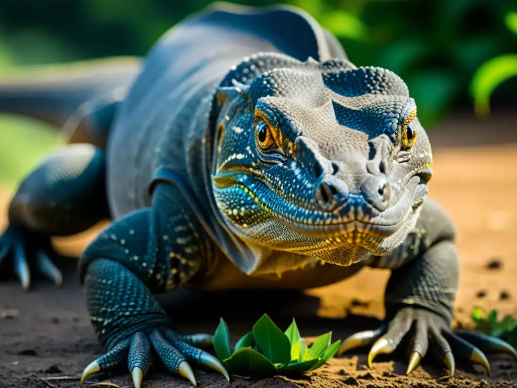Imponente dragón de Komodo en su hábitat natural Avistamiento de dragones en Indonesia: Close-up impactante de un dragón de Komodo, con su piel escamosa y ojos amarillos, en su hábitat natural exuberante