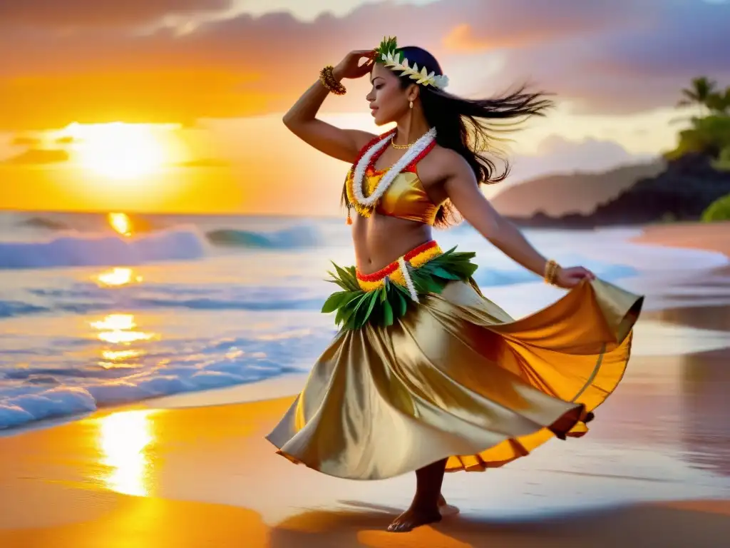 Hula sagrada al atardecer en la playa Una bailarina hawaiana realiza una danza sagrada en la playa al atardecer, con un ambiente espiritual hipnotizante