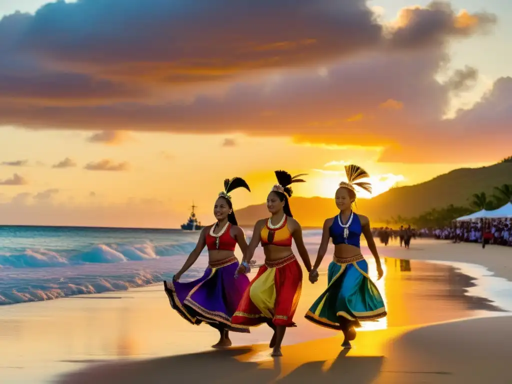 Danza Chamorro en la playa al atardecer con base militar al fondo Baile tradicional Chamorro al atardecer en la encrucijada cultural militar Pacífico Norte