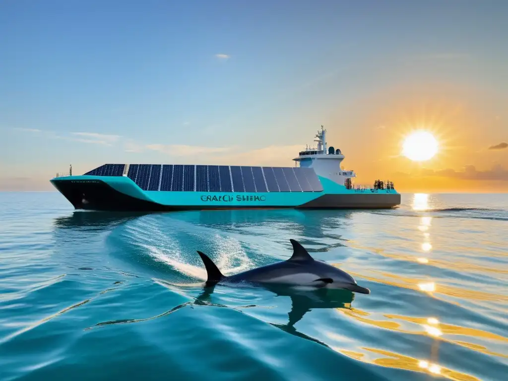Barco de carga solar en aguas turquesas al atardecer Un barco de carga moderno y elegante, con paneles solares que cubren toda su superficie, navegando graciosamente en aguas turquesas tranquilas