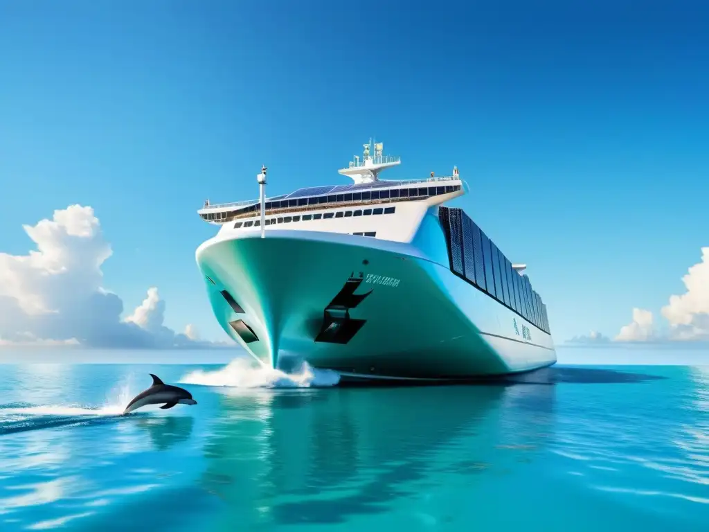 Barco de carga solar en aguas turquesas con delfines Un barco de carga moderno con paneles solares navegando en aguas turquesas, acompañado por delfines