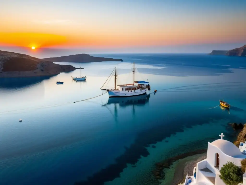 Atardecer idílico con barco pesquero griego en Santorini Barco pesquero tradicional navegando en aguas cristalinas de las Islas Griegas al atardecer, con el pueblo de Santorini de fondo