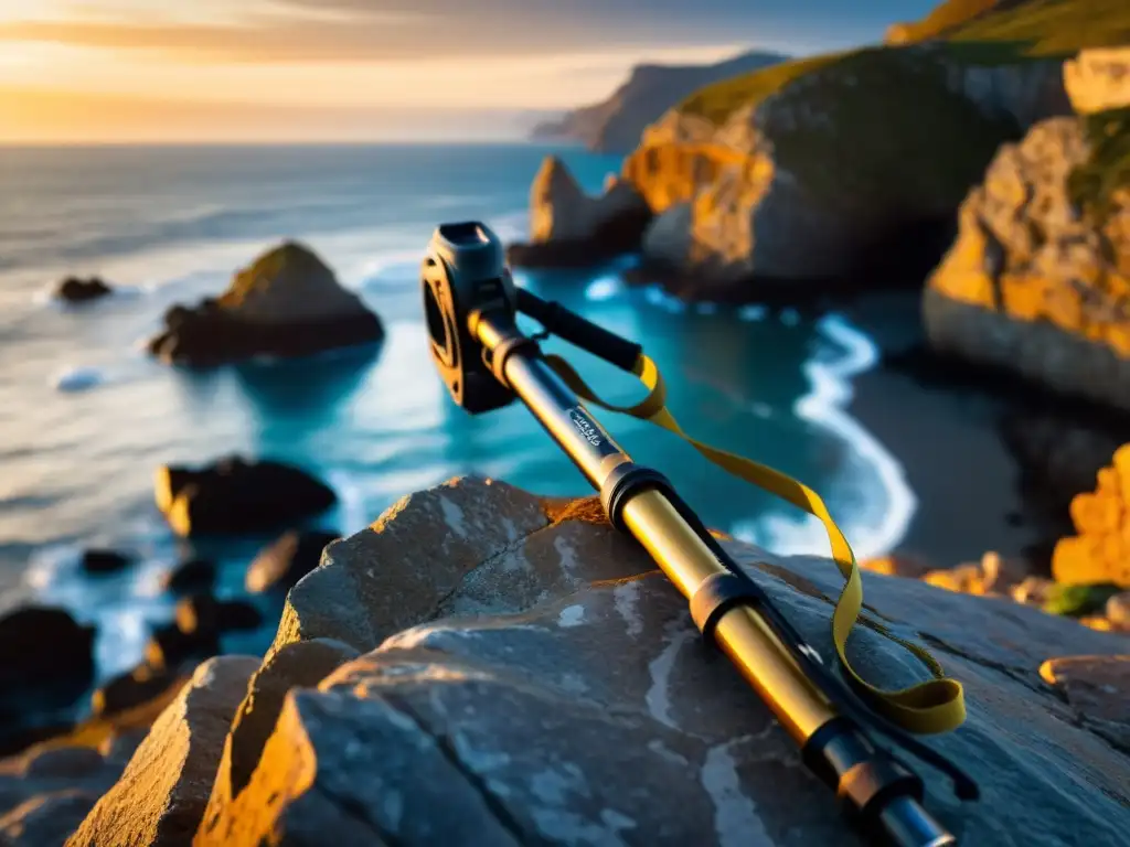 Elegantes bastones de senderismo frente a la costa Bastones de trekking para islas remotas: Detalle de bastones descansando en un paisaje costero ventoso al atardecer, evocando aventura y resistencia