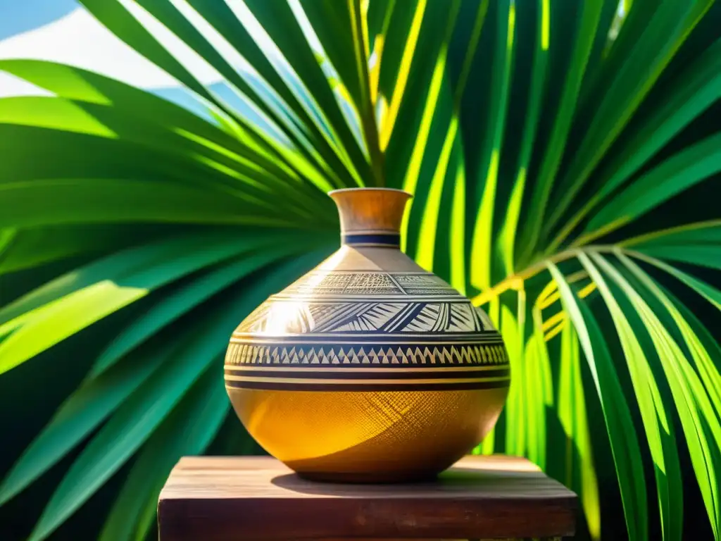 Arte ancestral de fermentación en islas tropicales Bebidas fermentadas en islas remotas: Detalle de la artesanía de palma tejida con frutas tropicales y líquido burbujeante, en un paraíso isleño lleno de tradición