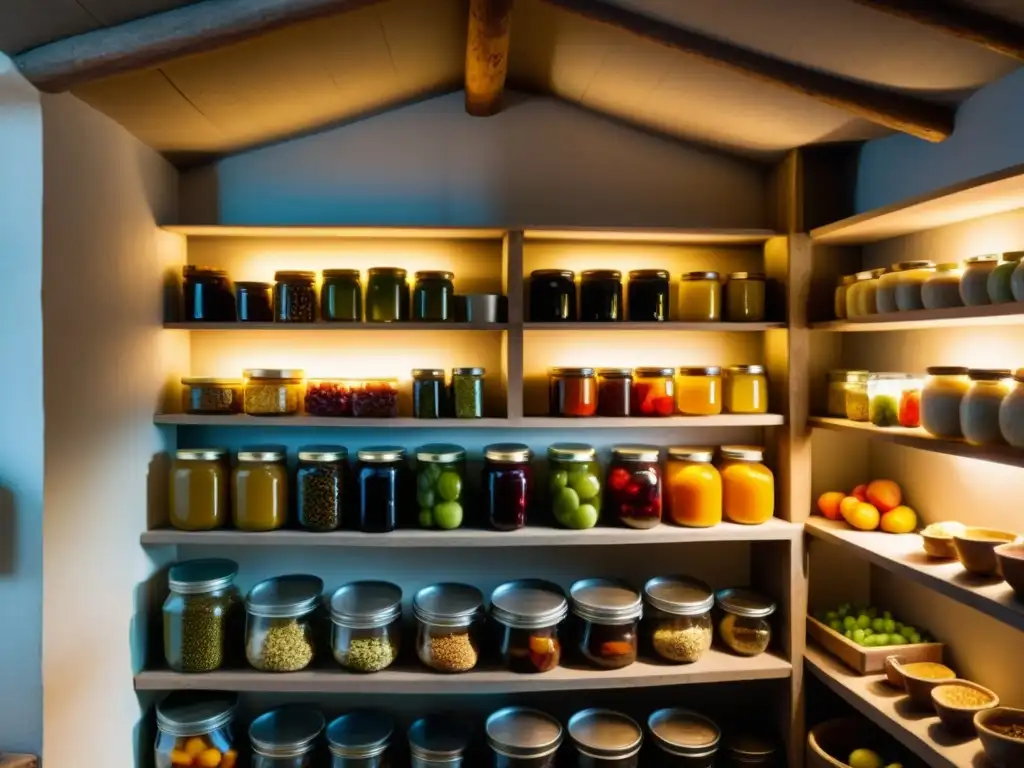 Almacén tradicional en isla remota: conservación de alimentos Una bodega tradicional en una isla remota, llena de frutas y verduras conservadas, mostrando la conservación de alimentos en islas remotas