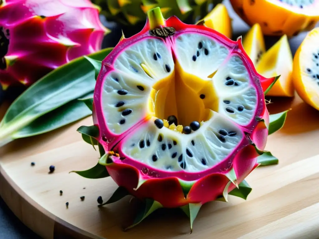 Exótica dragon fruit y frutas isleñas en corte detallado Un bodegón de ingredientes insulares rarezas gastronómicas: pitahaya, lichi, fruta estrella, ñame morado